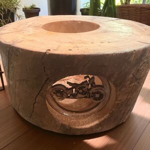 Rustic Wood Candle Holder Motorcycle Carving Biker Decor Handmade